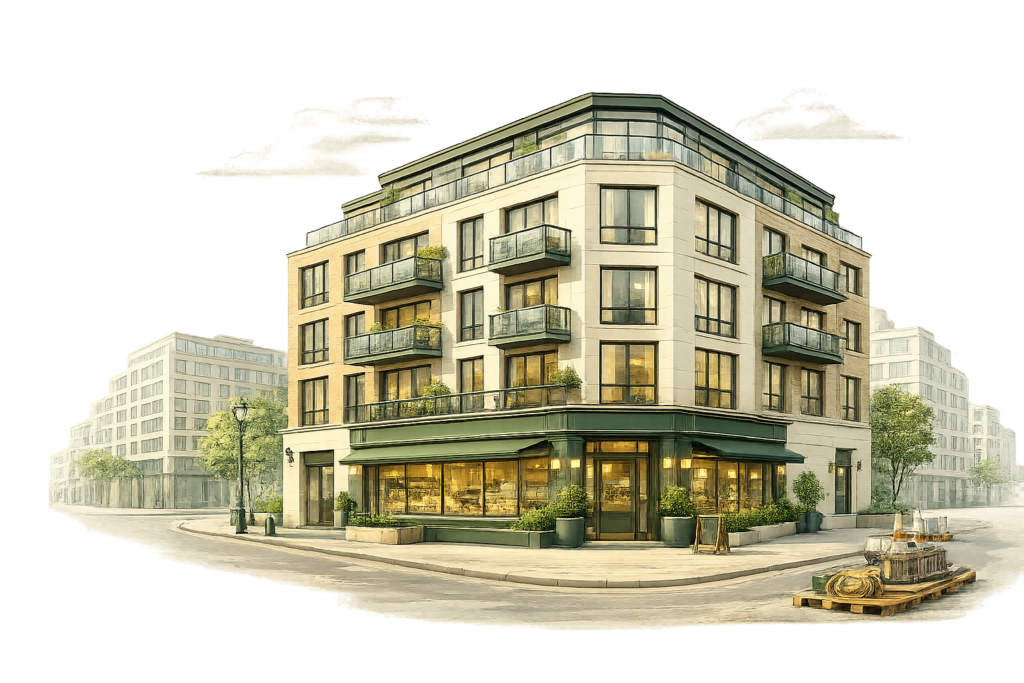 Illustration of a mixed-use investment property with a commercial unit and residential flats above, representing a semi-commercial mortgage transaction.