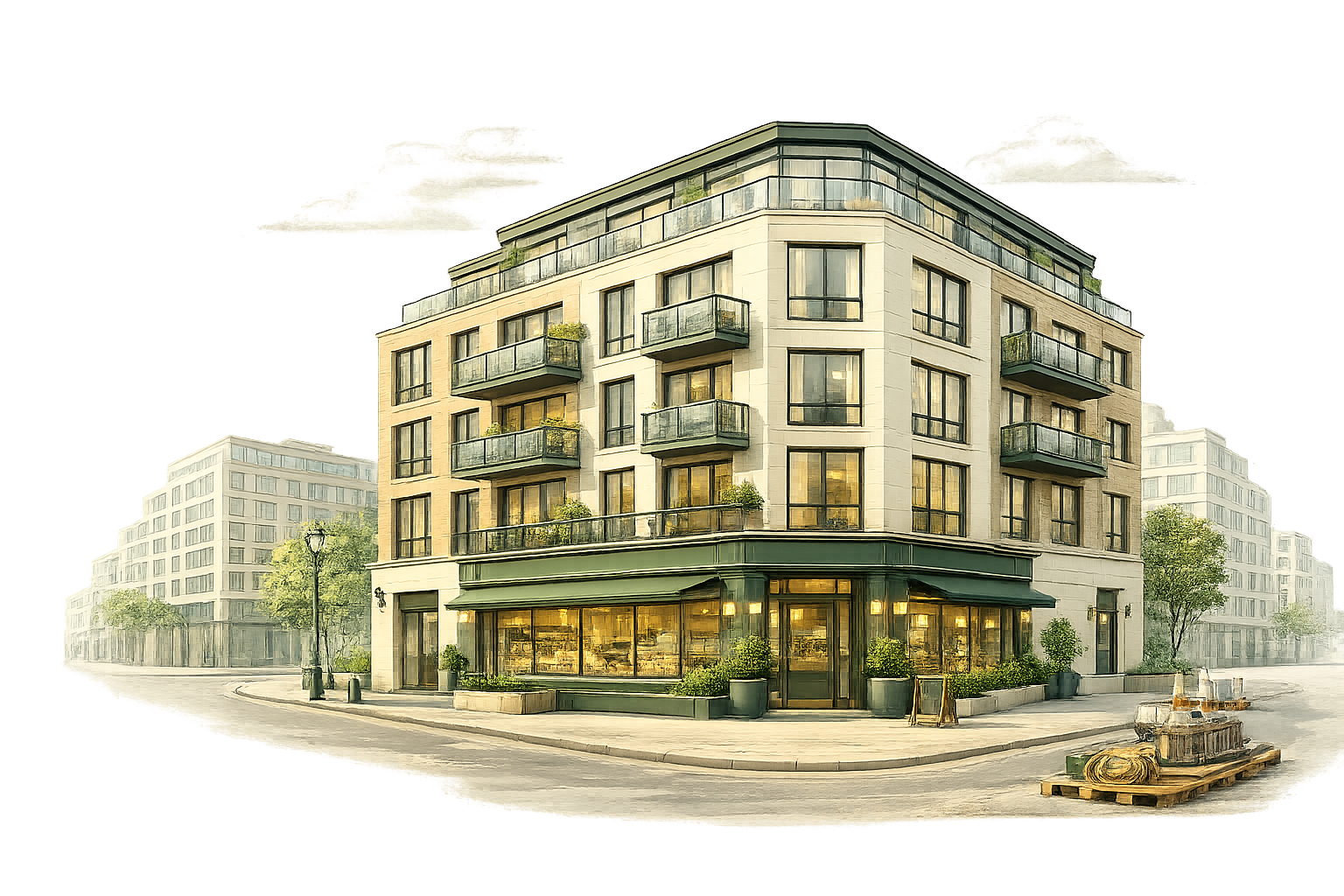 Illustration of a mixed-use investment property with a commercial unit and residential flats above, representing a semi-commercial mortgage transaction.