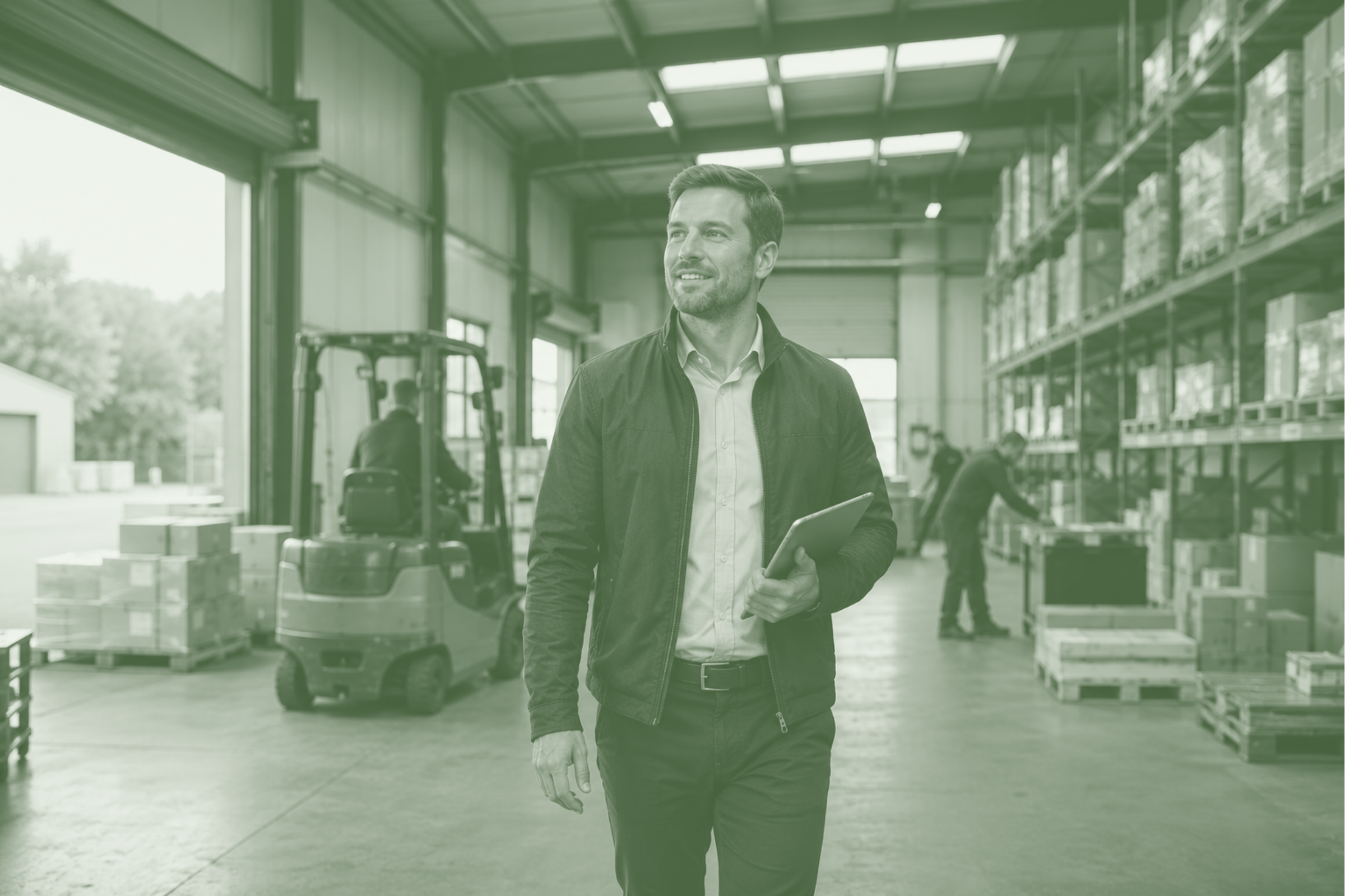 Business owner walking through a warehouse facility supported by business finance solutions for growth and investment