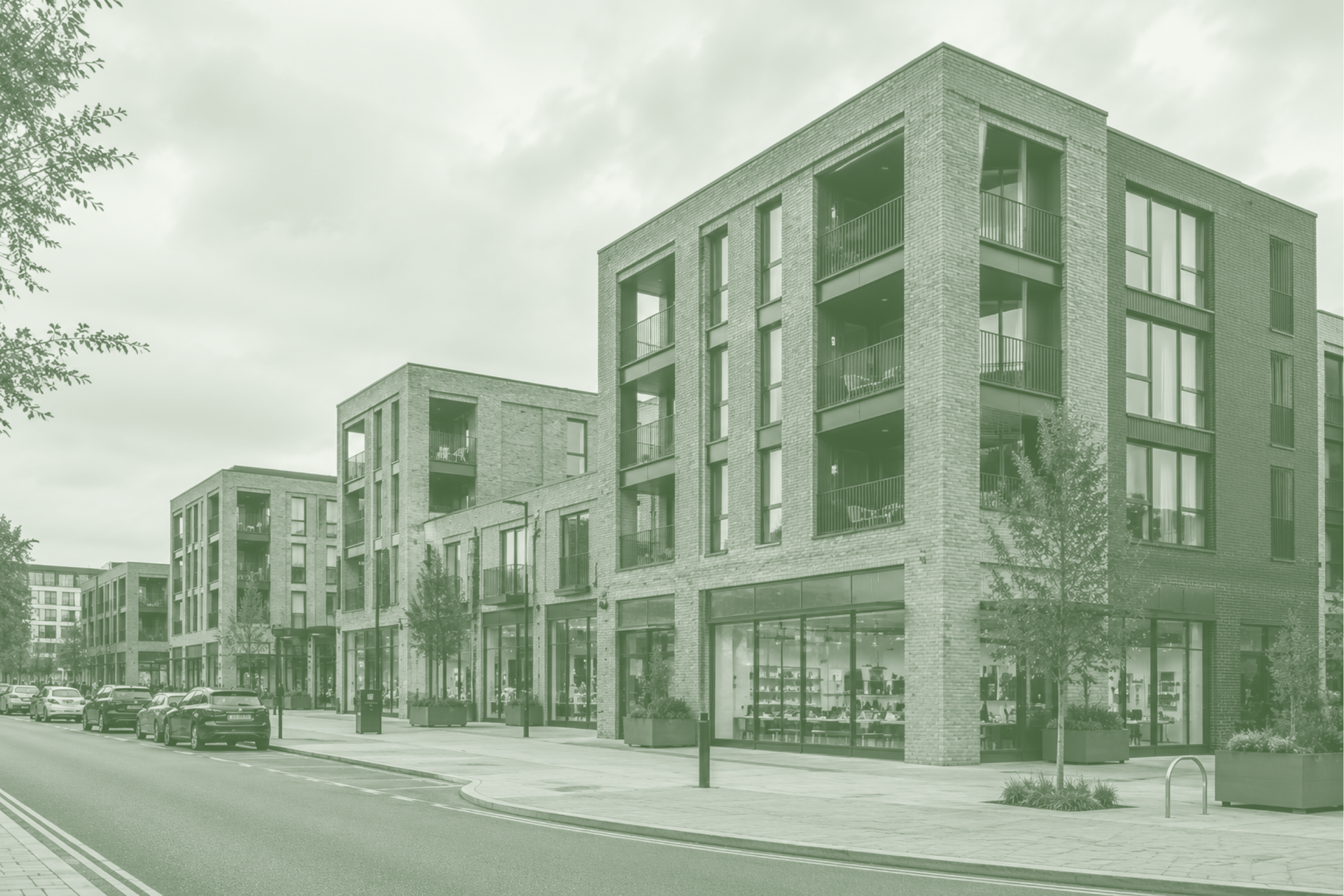 Modern mixed-use commercial property finance development with retail units and apartments in the UK