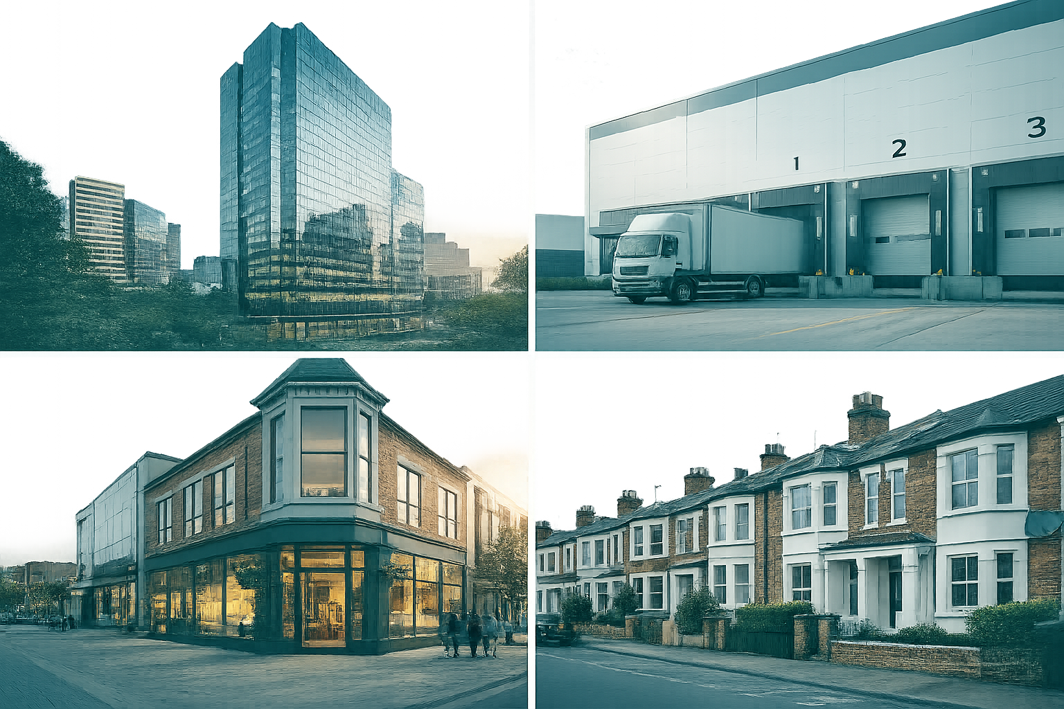 A selection of commercial property sectors supported by specialist commercial finance lenders, including office, industrial, retail and residential investment property.