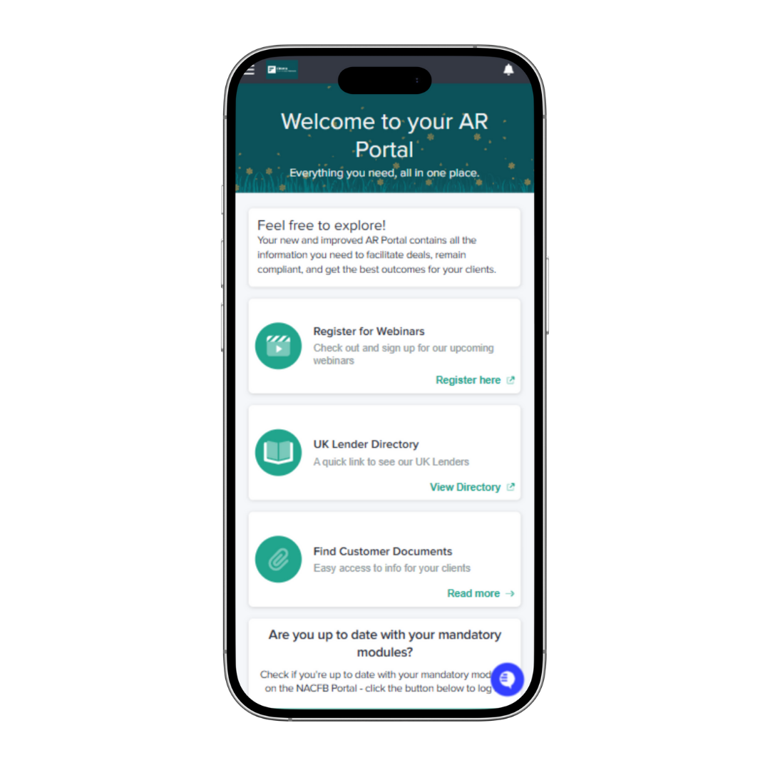 FCN AR Portal mobile homepage showing broker resources, webinars and lender information