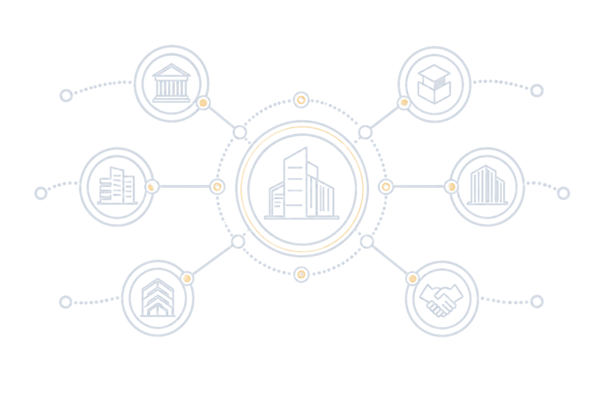 Abstract commercial finance network illustration showing connected lender, partner and support nodes around a central network hub.