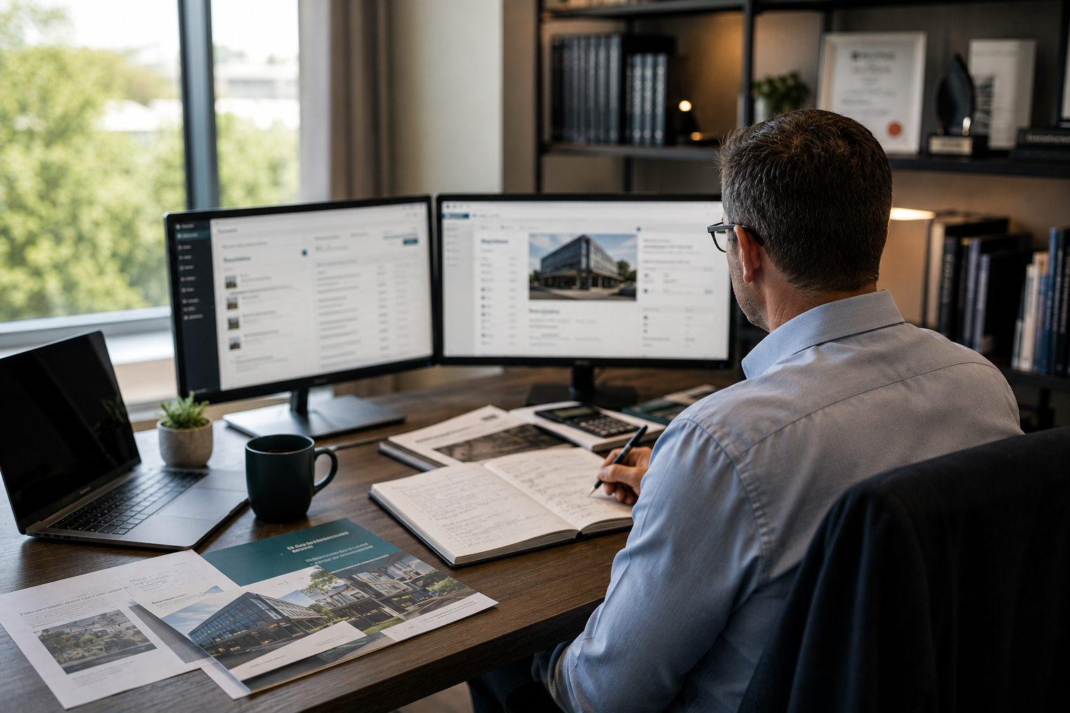 Self-employed broker reviewing commercial finance client funding proposals and specialist lending opportunities.